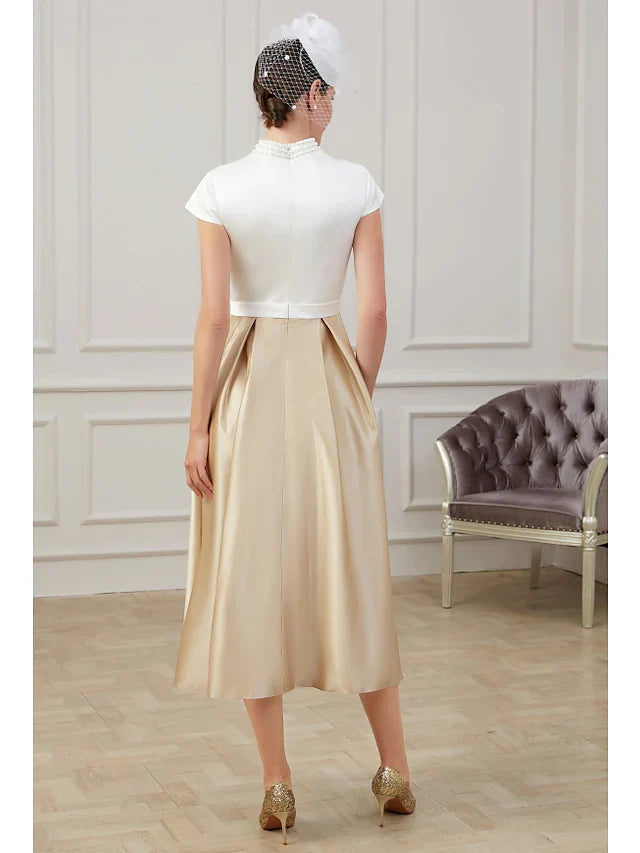 Wholesale A-Line Mother of the Bride Dress Elegant High Neck Tea Length Polyester Short Sleeve with Pleats Ruching