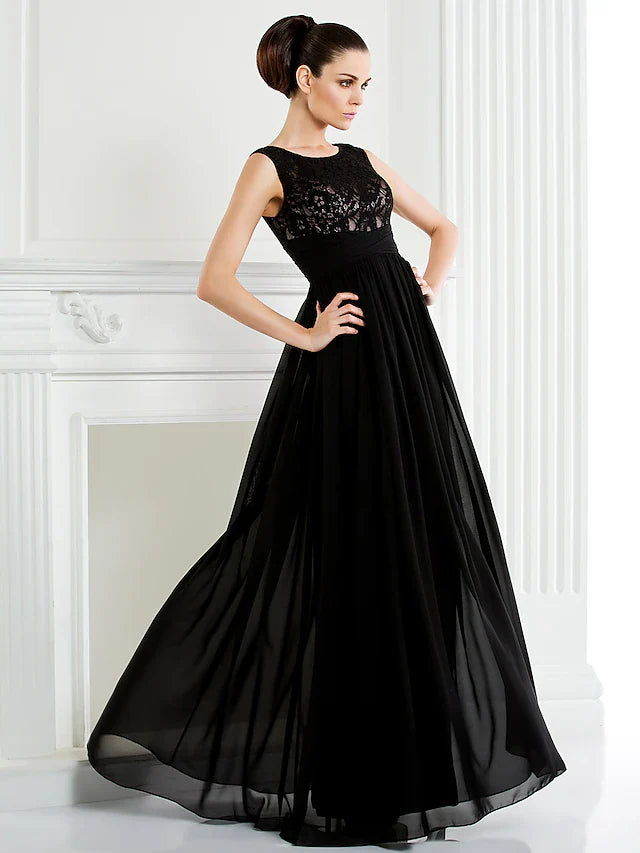 Wholesale A-Line Mother of the Bride Dress Scoop Neck Floor Length Chiffon Lace Sleeveless with Lace