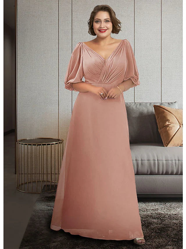 Wholesale A-Line Mother of the Bride Dress Plus Size Elegant V Neck Ankle Length Chiffon Half Sleeve with Ruching