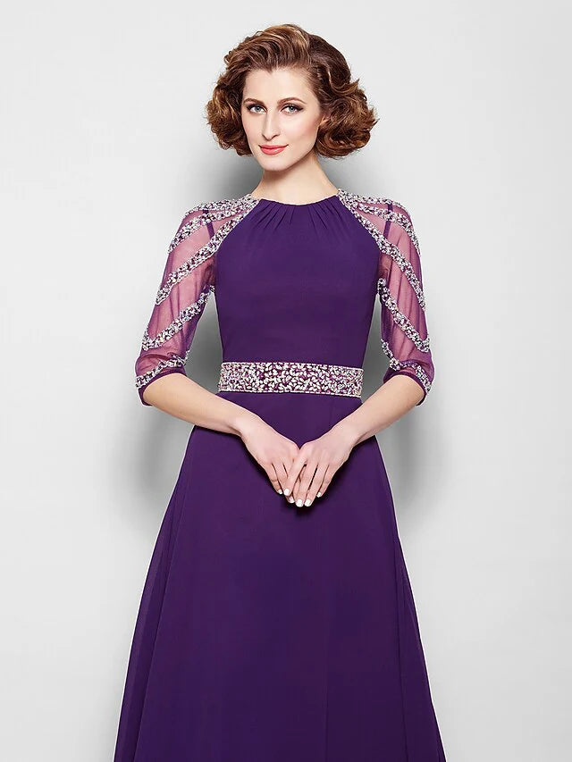 Wholesale A-Line Mother of the Bride Dress See Through Jewel Neck Floor Length Tulle Georgette Half Sleeve with Sash Ribbon Crystals Beading