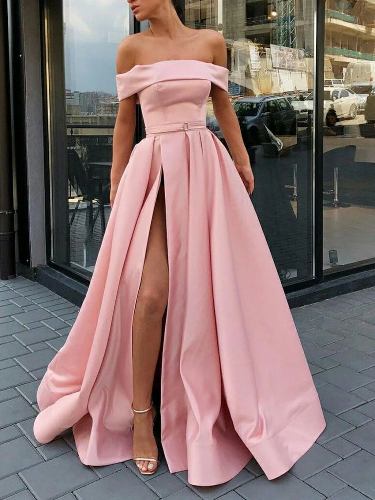 Wholesale Off-the-Shoulder A Line Satin Long Prom Dress With Split