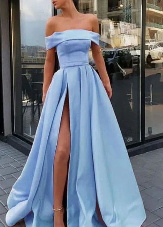 Wholesale Off-the-Shoulder A Line Satin Long Prom Dress With Split
