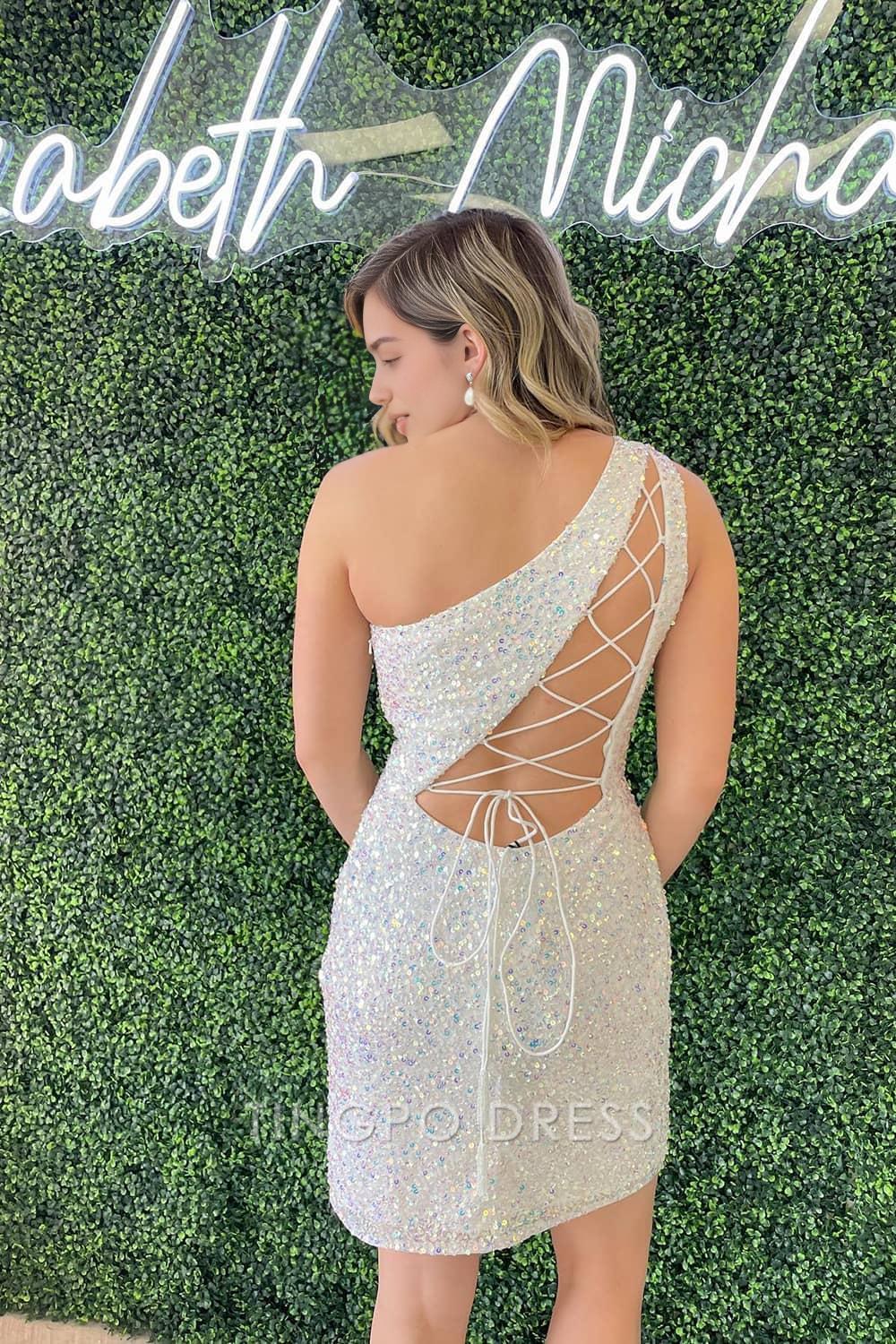 TingPo Wholesale Elegant One Shoulder Corset Back Homecoming Dress With Sequins formal wear dresses