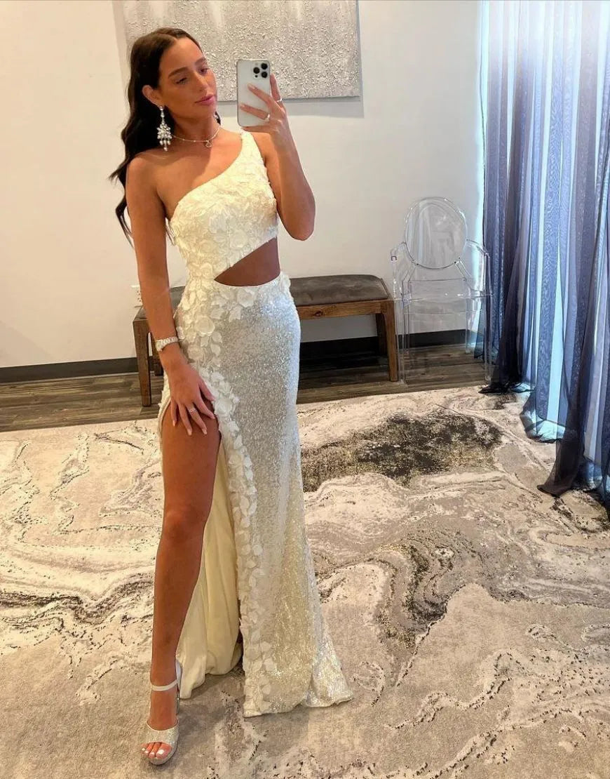 Wholesale Oner Shoulder Sequins Split Prom Dress With Appliques prom dresses shops