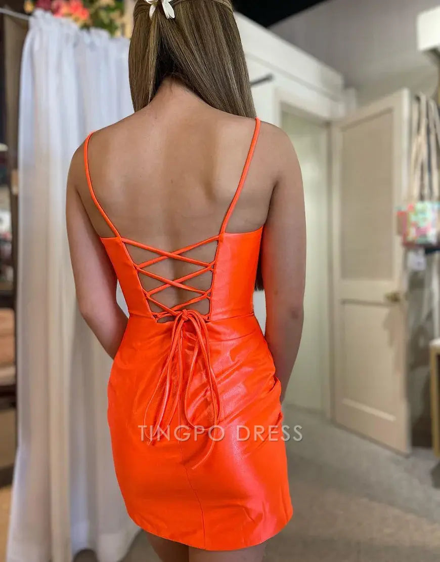 TingPo Wholesale Elegant Orange Spaghetti Straps Corset Back Short Homecoming Dress formal wear dresses