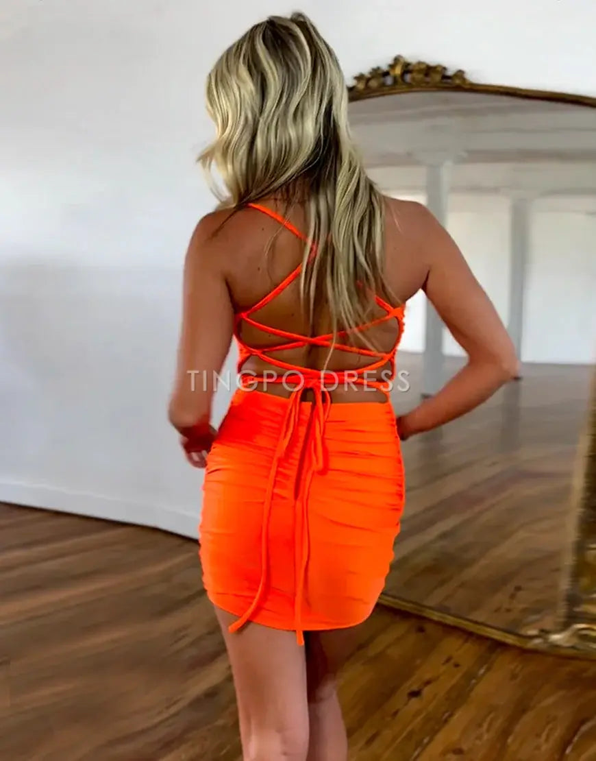 TingPo Wholesale Orange Spaghetti Straps Lace Up Tight Short Homecoming Dress formal wear dresses