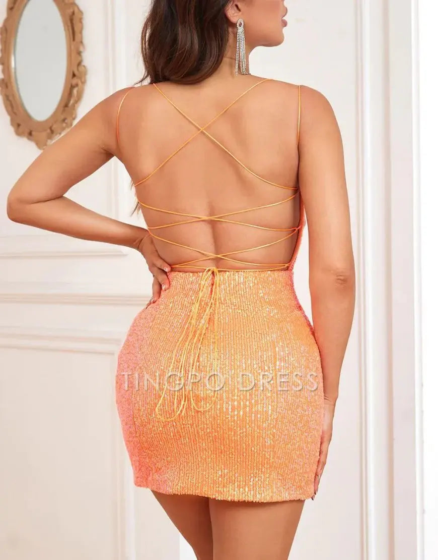 TingPo Wholesale Elegant Orange Sparkly Sequins Short Tight Homecoming Dress formal wear dresses