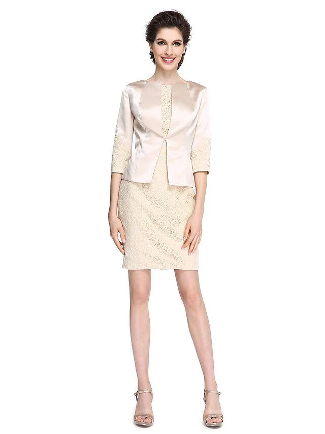 Wholesale Mother of the Bride Dress Elegant Bateau Neck Knee Length Lace Satin Half Sleeve with Lace Appliques