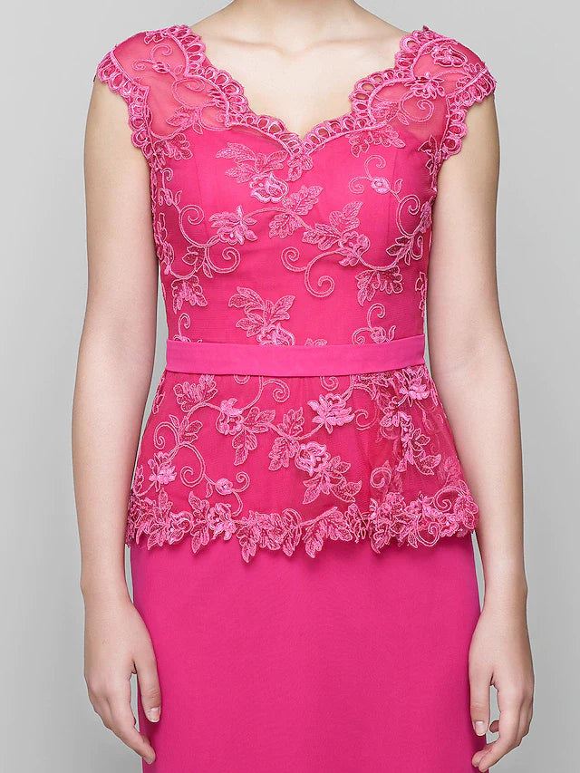 Wholesale Mother of the Bride Dress Furcal V Neck Floor Length Chiffon Lace Sleeveless with Lace Ruched