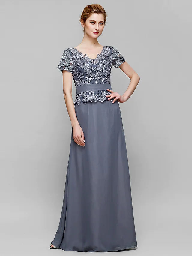Wholesale Mother of the Bride Dress Elegant V Neck Floor Length Chiffon Lace Short Sleeve with Lace