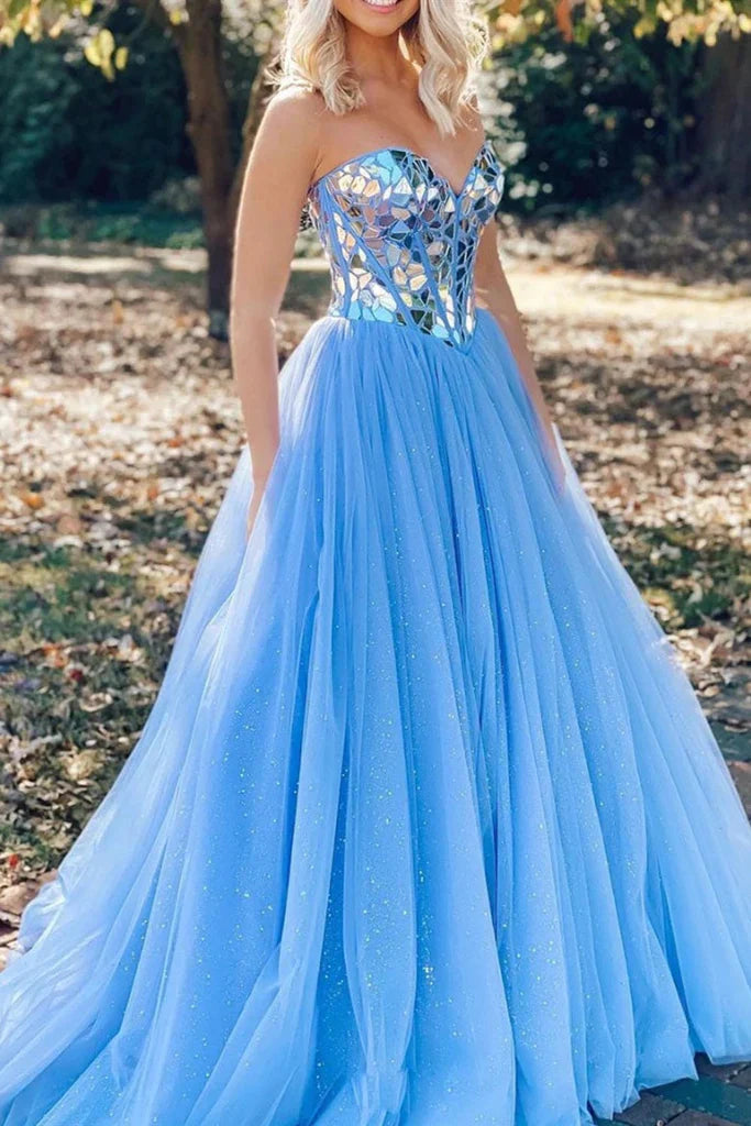 Wholesale Sparkly Sequins Sweetheart Blue Tulle Formal Prom Dress