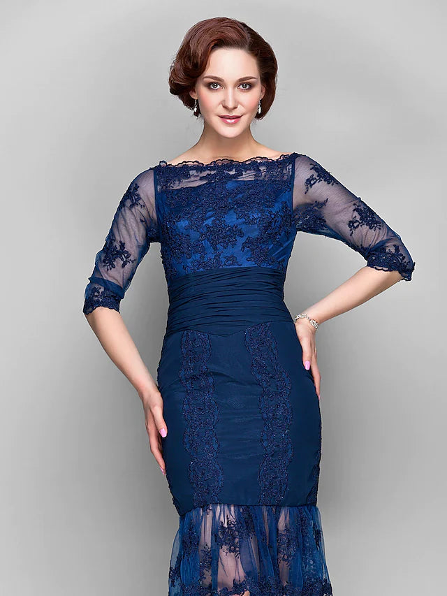 Wholesale Mother of the Bride Dress Vintage Inspired Off Shoulder Knee Length Chiffon Tulle Half Sleeve with Ruched Appliques