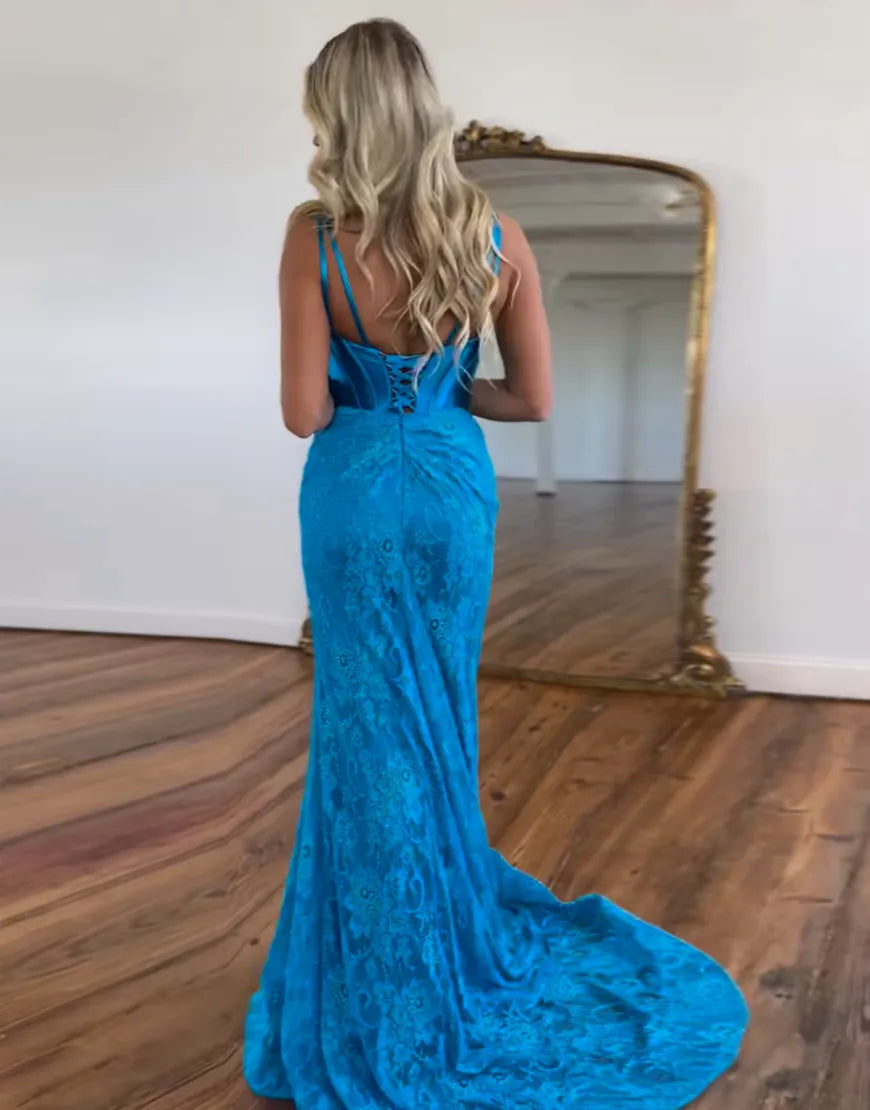 Wholesale Glitter Blue Mermaid V-Neck Long Corset Prom Dress With Split prom dresses with long sleeves