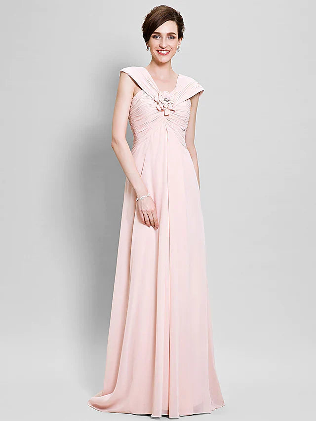 Wholesale Mother of the Bride Dress Floral V Neck Floor Length Chiffon Sleeveless with Criss Cross Flower