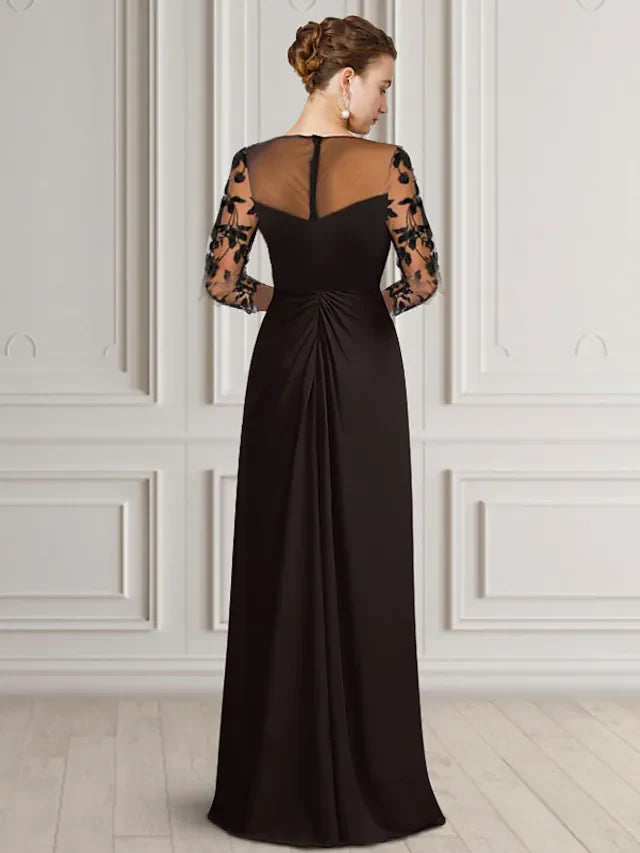 Wholesale Mother of the Bride Dress Elegant Jewel Neck Floor Length Chiffon Lace 3/4 Length Sleeve with Appliques