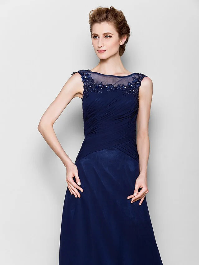 Wholesale Mother of the Bride Dress See Through Scoop Neck Floor Length Chiffon Sleeveless with Criss Cross Appliques