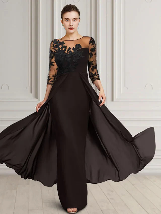Wholesale Mother of the Bride Dress Elegant Jewel Neck Floor Length Chiffon Lace 3/4 Length Sleeve with Appliques