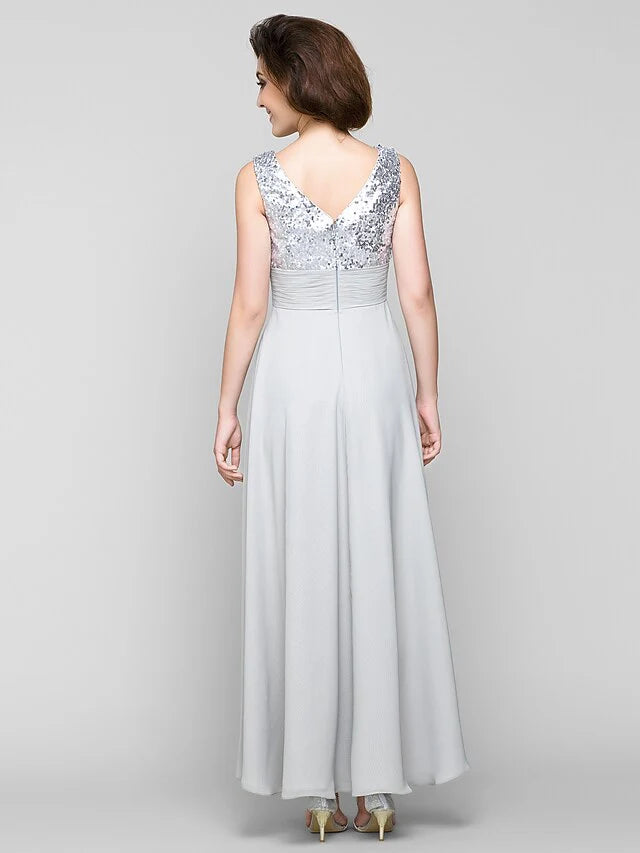 Wholesale A-Line Mother of the Bride Dress Sparkle & Shine Bateau Neck Ankle Length Chiffon Sleeveless with Sash Ribbon Sequin