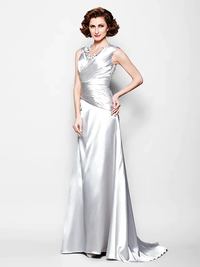 Wholesale A-Line Mother of the Bride Dress V Neck Stretch Satin Sleeveless with Criss Cross Beading Side Draping