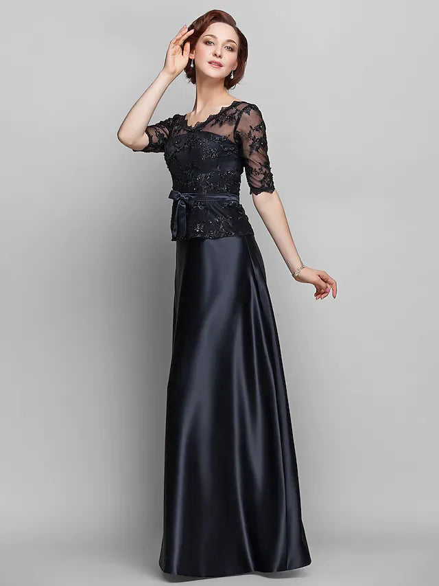 Wholesale A-Line Mother of the Bride Dress See Through V Neck Floor Length Lace Satin Half Sleeve with Lace Bow(s) Beading
