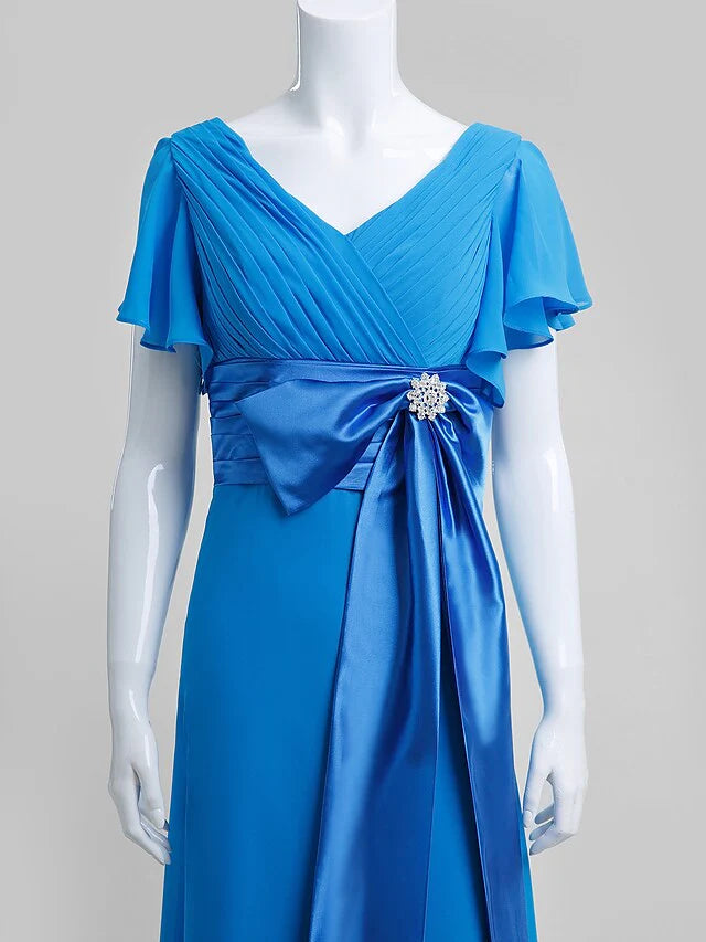 Wholesale Mother of the Bride Dress Elegant V Neck Floor Length Chiffon Short Sleeve with Criss Cross Crystals