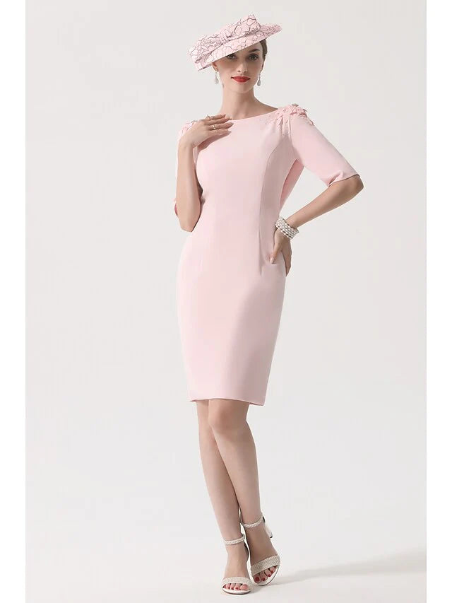 Wholesale Mother of the Bride Dress Elegant Jewel Neck Knee Length Stretch Satin Half Sleeve with Appliques