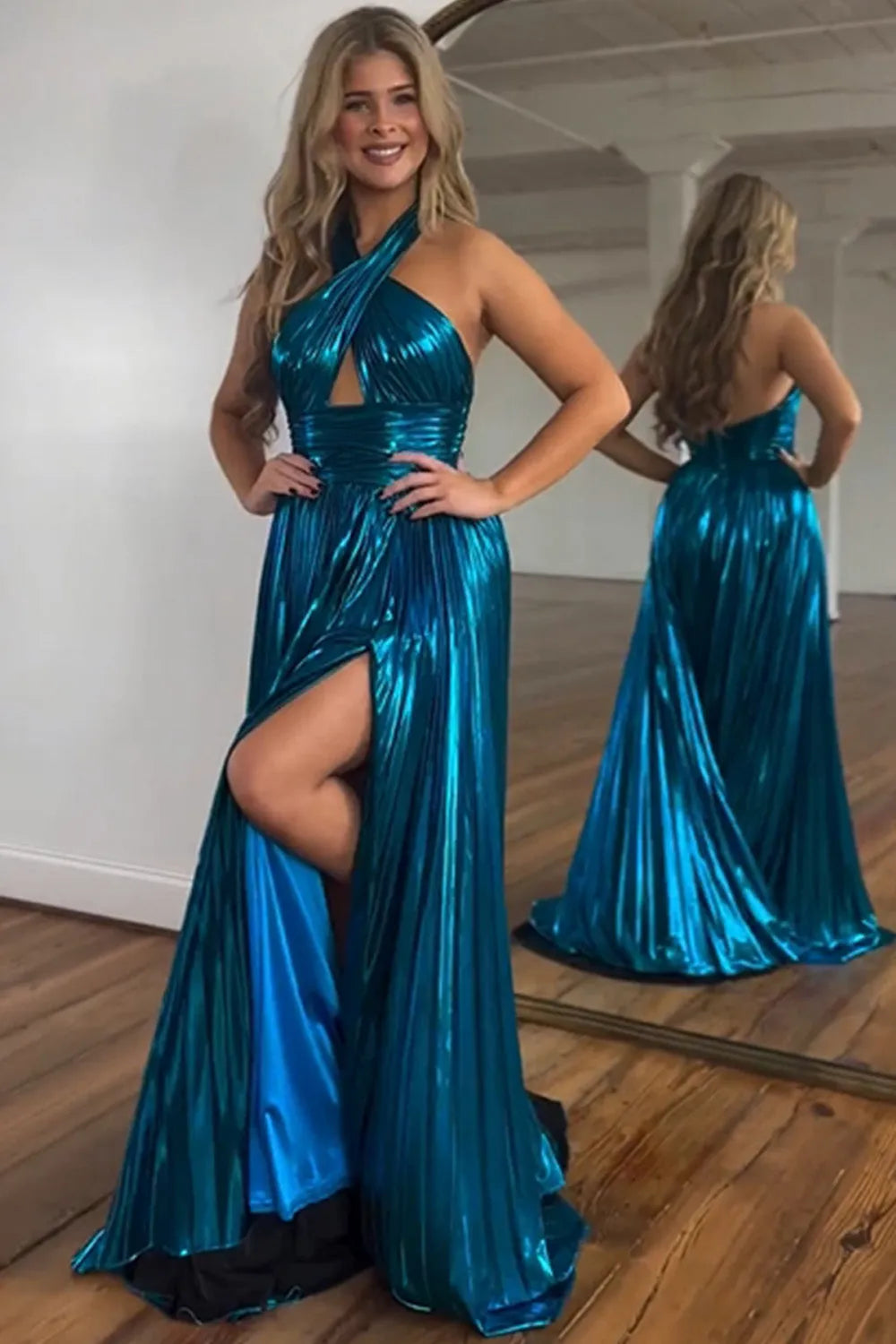 Wholesale Peacock Blue Halter Neck A-Line Long Bright Prom Dress With Split long prom dresses with sleeves