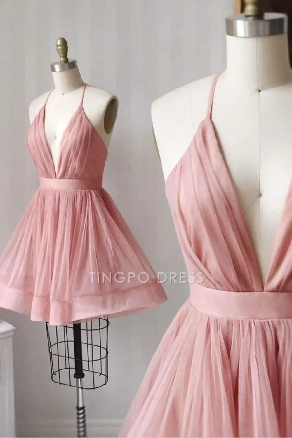 TingPo Wholesale Elegant Pink A-line Deep V-neck Homecoming Dress formal wear dresses