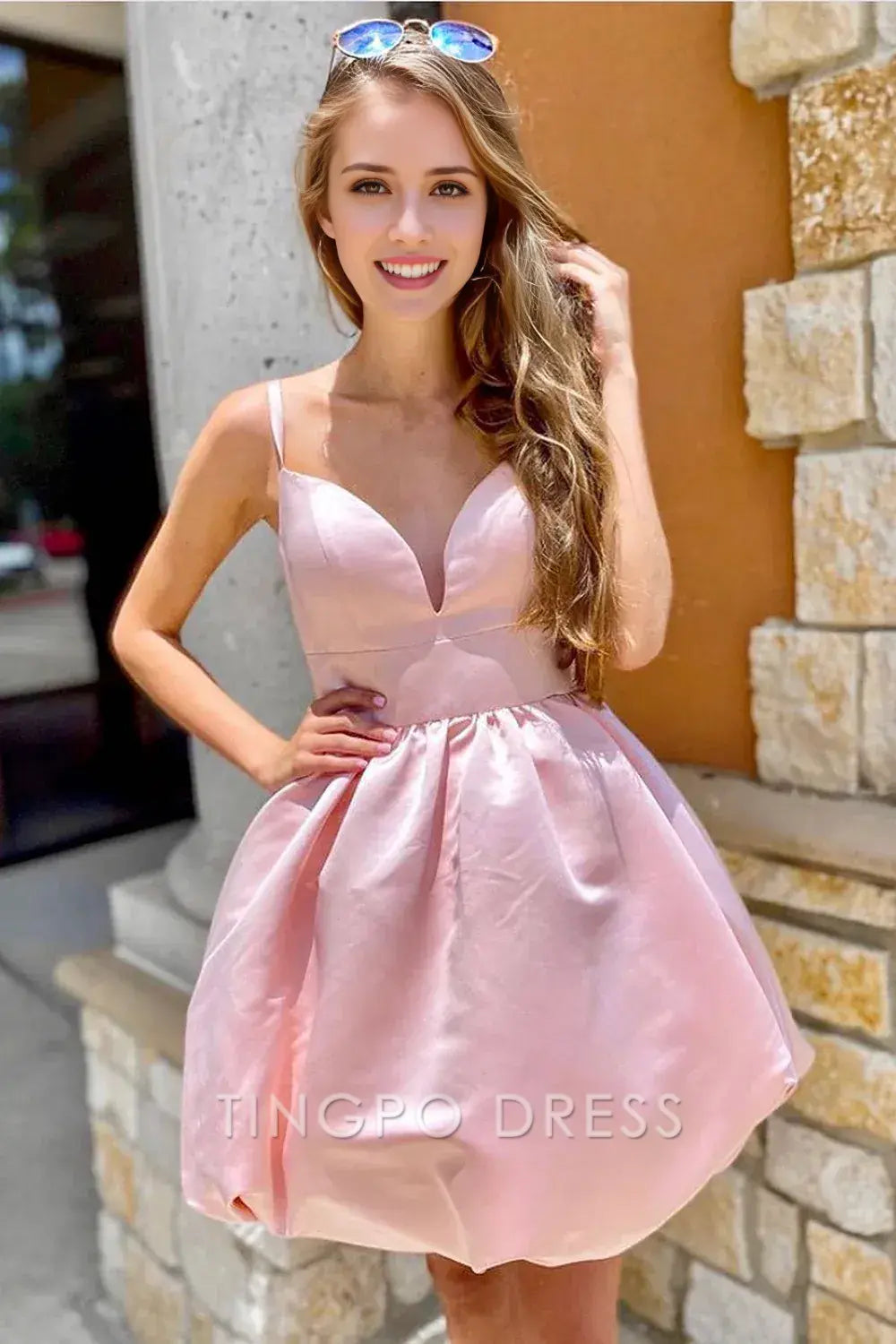 TingPo Wholesale Elegant Pink A-line Spaghetti Straps Homecoming Dress With Bowtie formal wear dresses