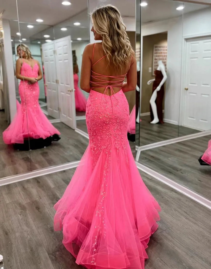 Wholesale Pink Mermaid V-Neck Corset Back Long Lace Prom Dress prom dresses shops