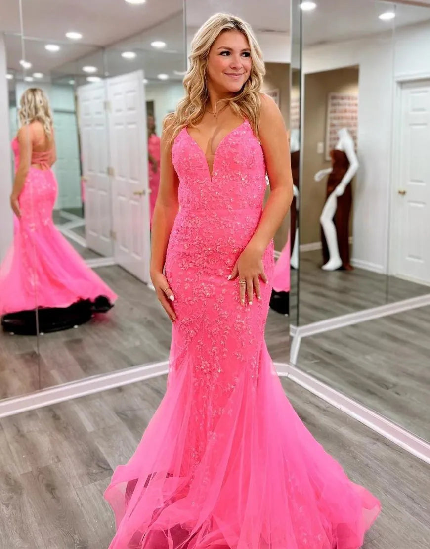 Wholesale Pink Mermaid V-Neck Corset Back Long Lace Prom Dress prom dresses shops