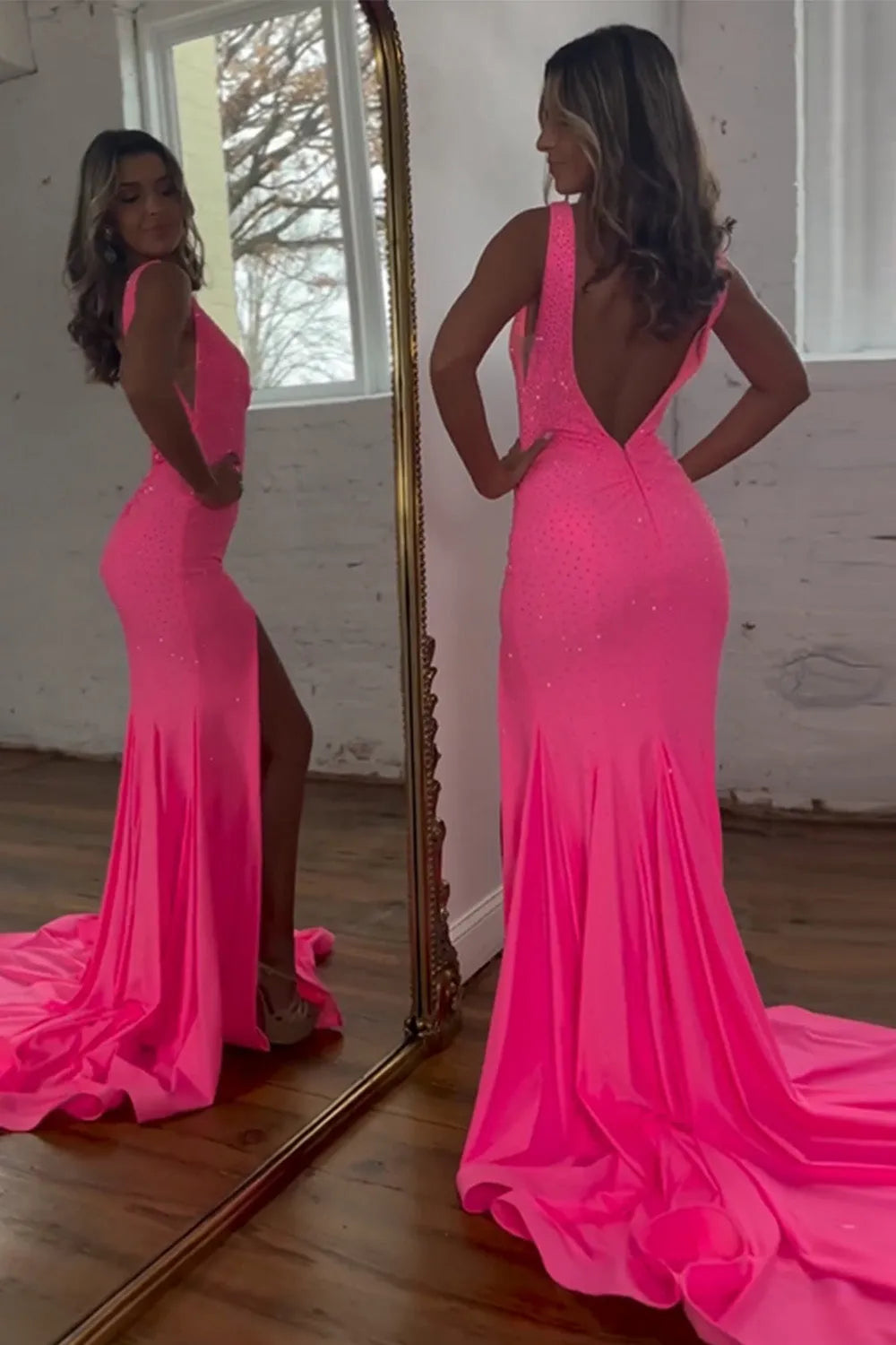Wholesale Pink Mermaid V-Neck Zipper Back Long Beaded Prom Dress With Split