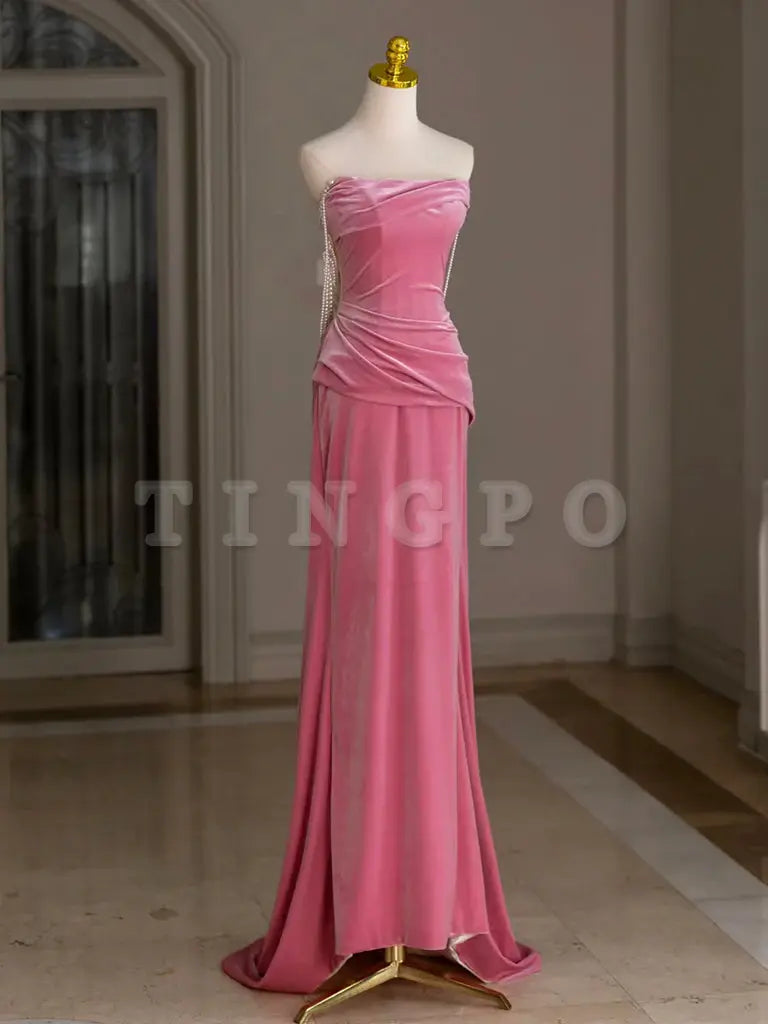 Wholesale Pink Mermaid Velvet Beads Long Prom Dress Pink Long Formal Dress gowns evening dresses