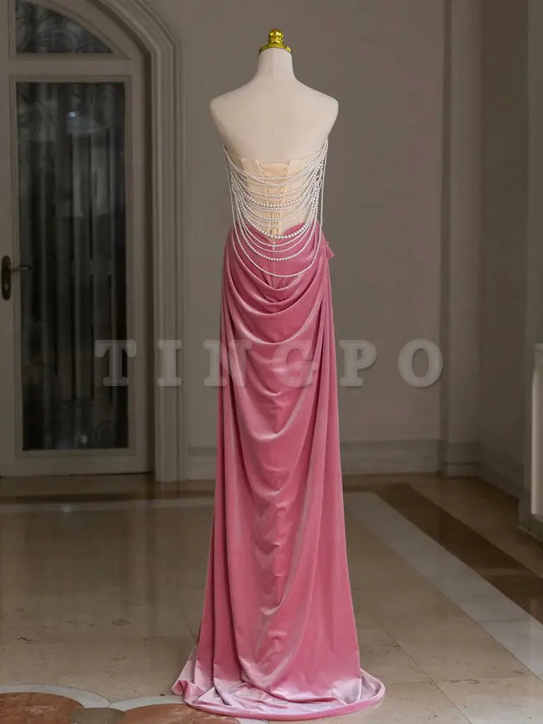 Wholesale Pink Mermaid Velvet Beads Long Prom Dress Pink Long Formal Dress gowns evening dresses