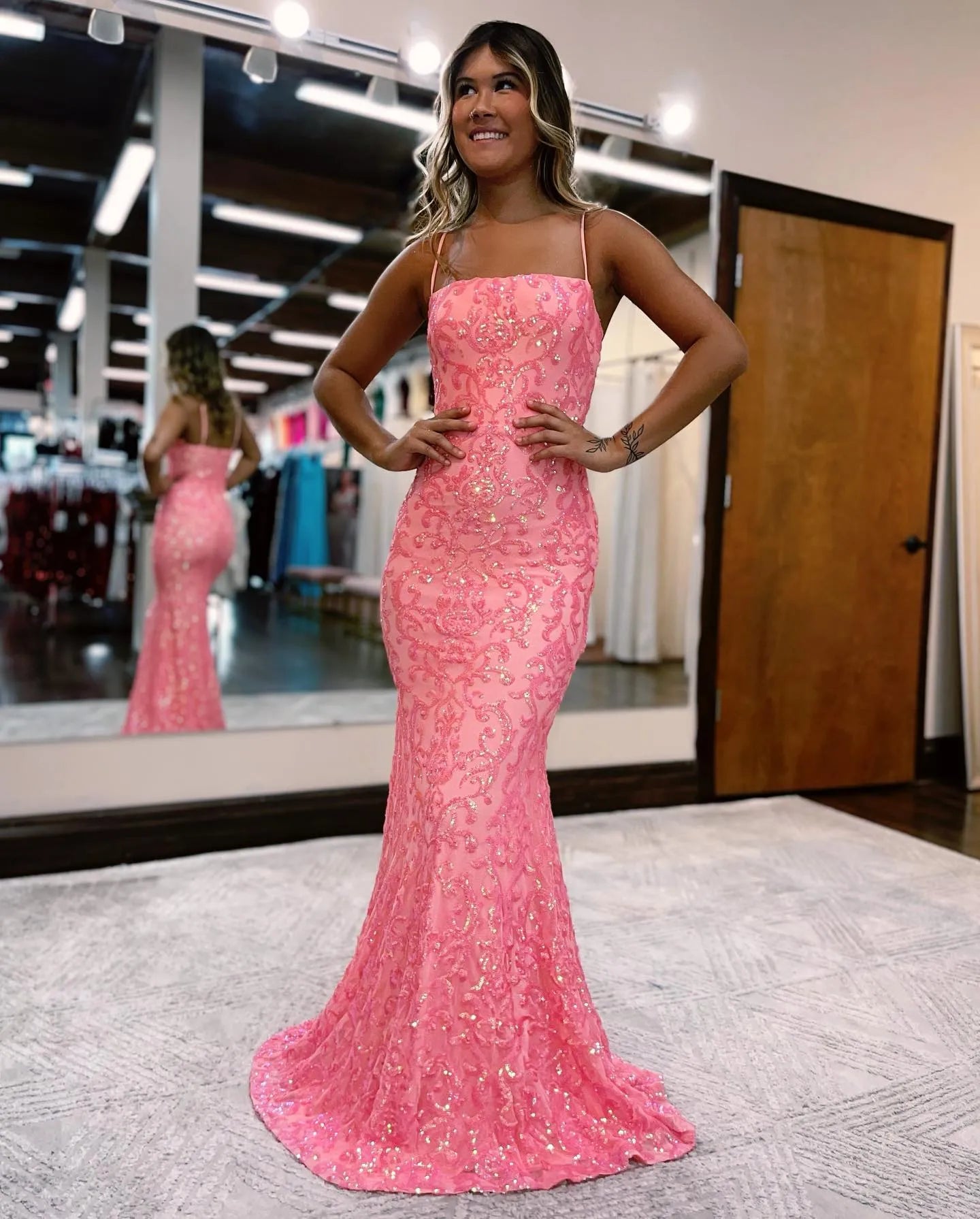 Wholesale Pink Spaghetti Straps Mermaid Prom Dress With Beading prom dresses with long sleeves