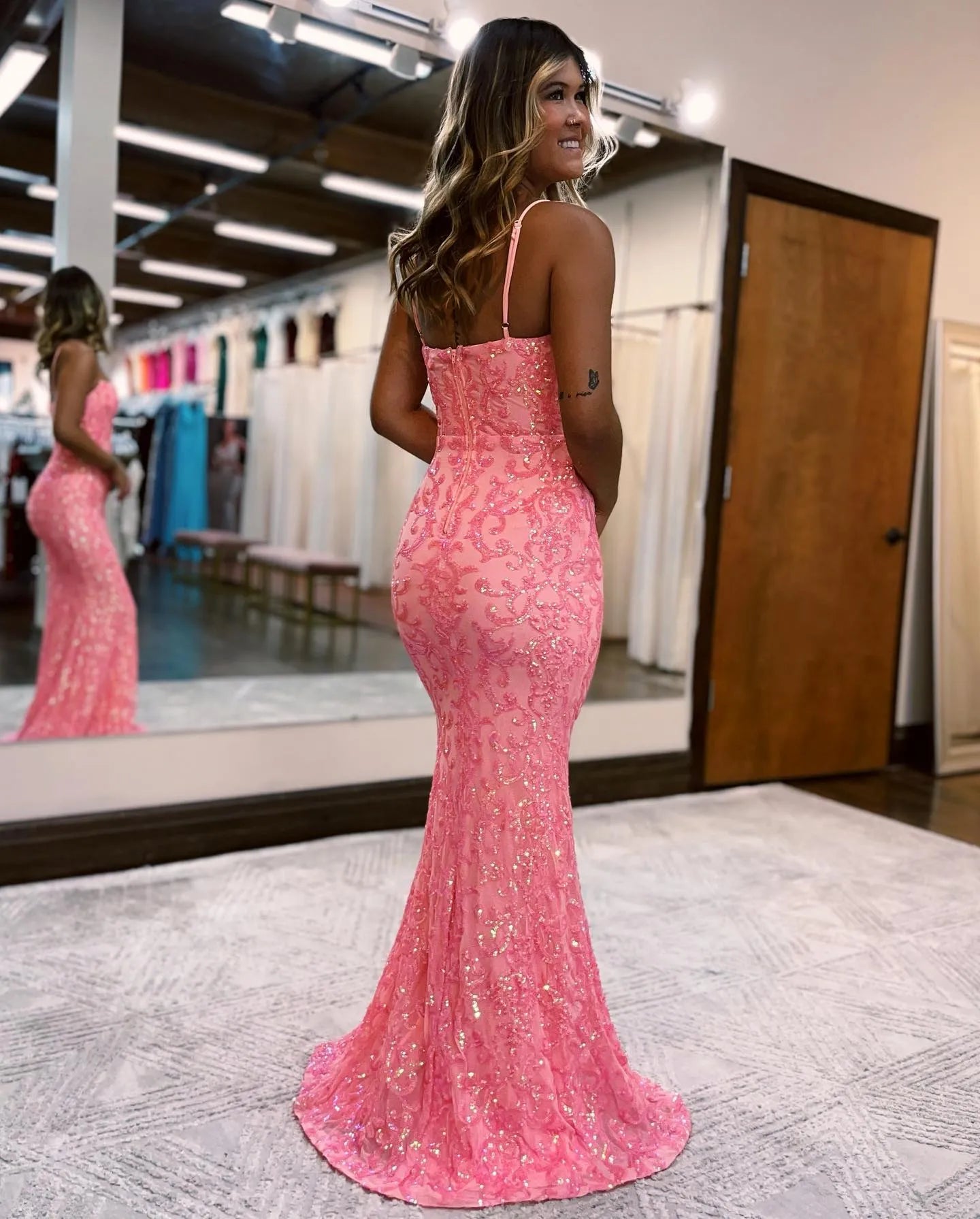 Wholesale Pink Spaghetti Straps Mermaid Prom Dress With Beading prom dresses with long sleeves