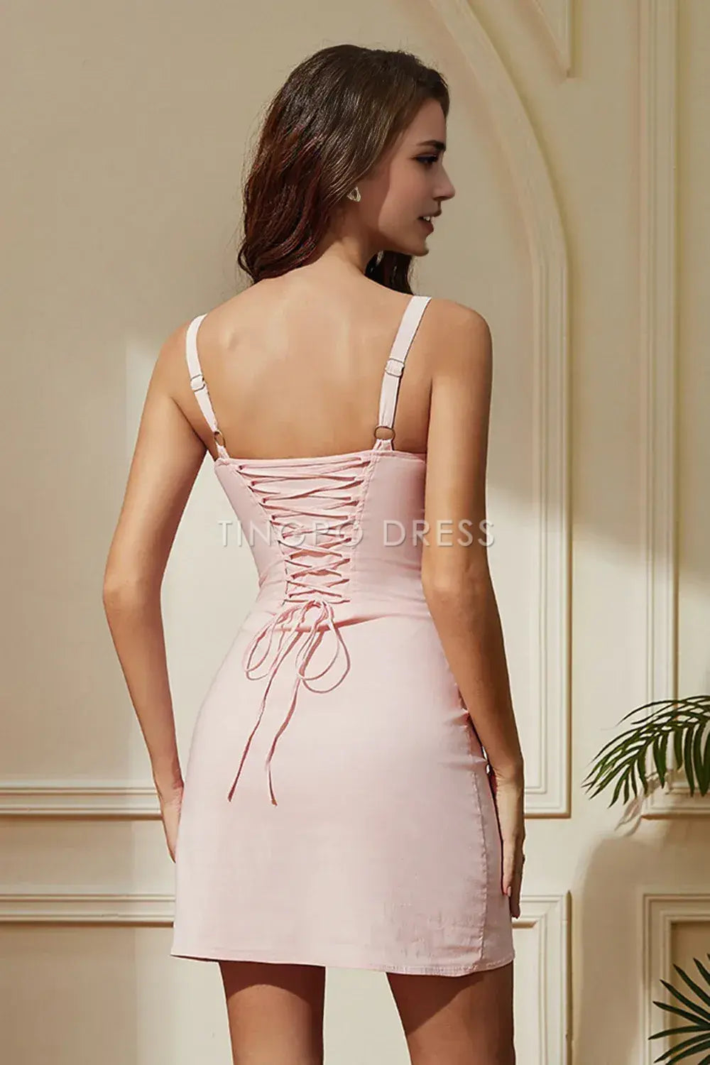 TingPo Wholesale Elegant Pink Tight Spaghetti Straps Corset Short Party Dress formal wear dresses