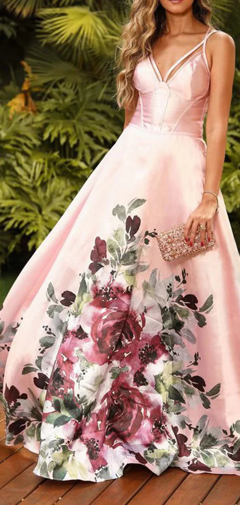Wholesale Pink A Line Satin Floral Prints Spaghetti Strap A-Line Prom Dresses