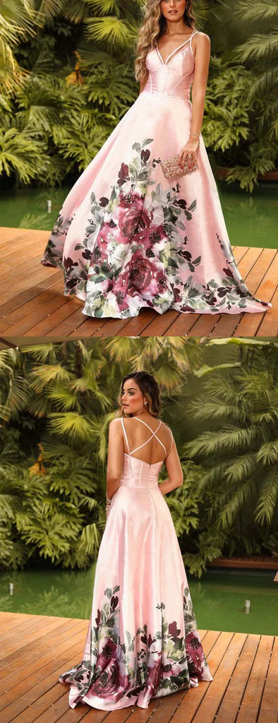 Wholesale Pink A Line Satin Floral Prints Spaghetti Strap A-Line Prom Dresses