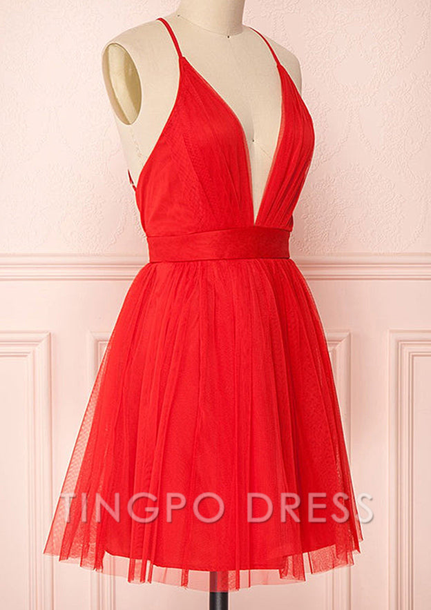 TingPo Wholesale Plunging V Neck Tulle Short A-line Homecoming Dress With Pleated
