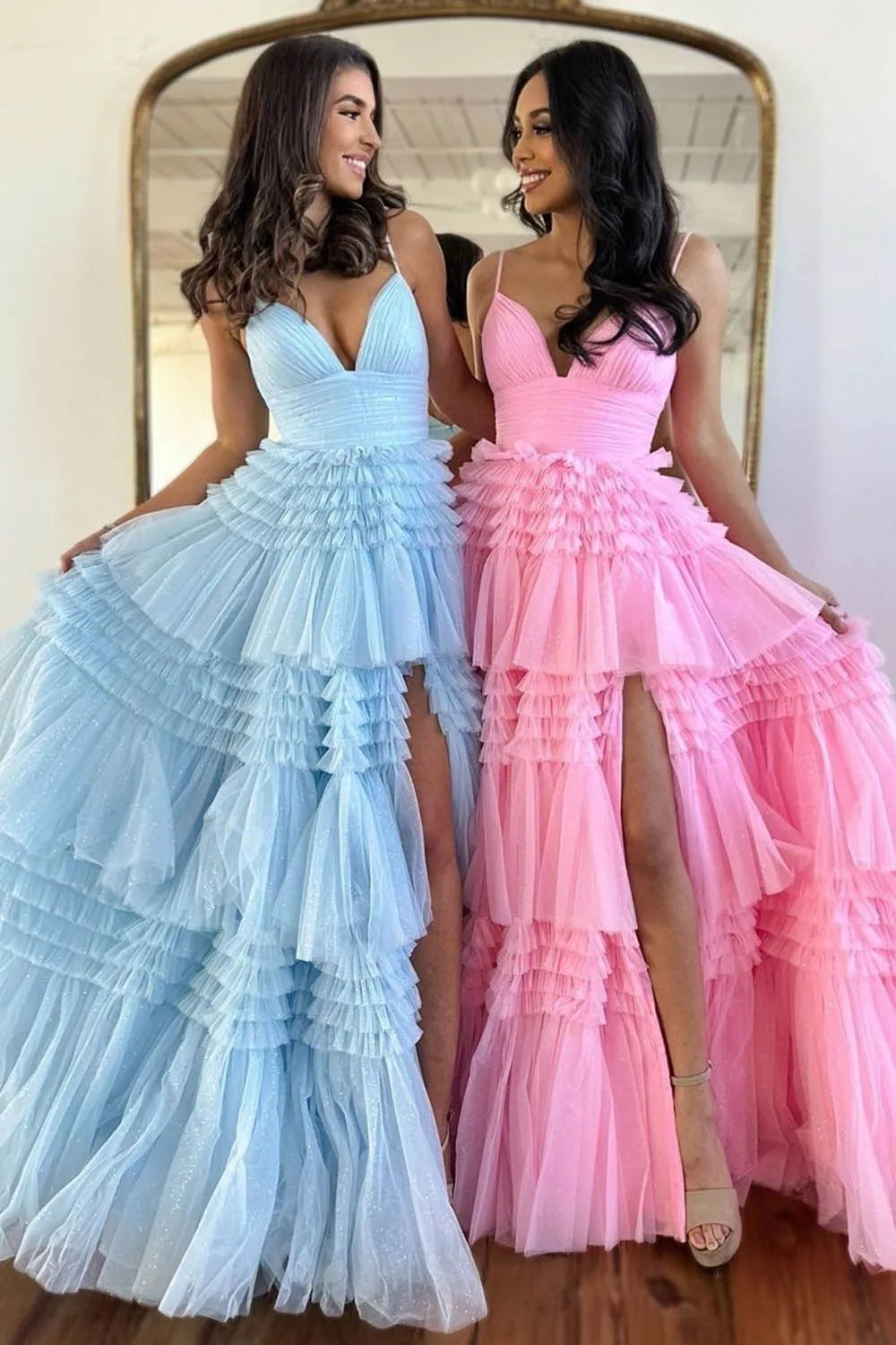 Wholesale Sweet A-Line Spaghetti Straps Long Tiered Tulle Prom Dress With Split long prom dresses with sleeves