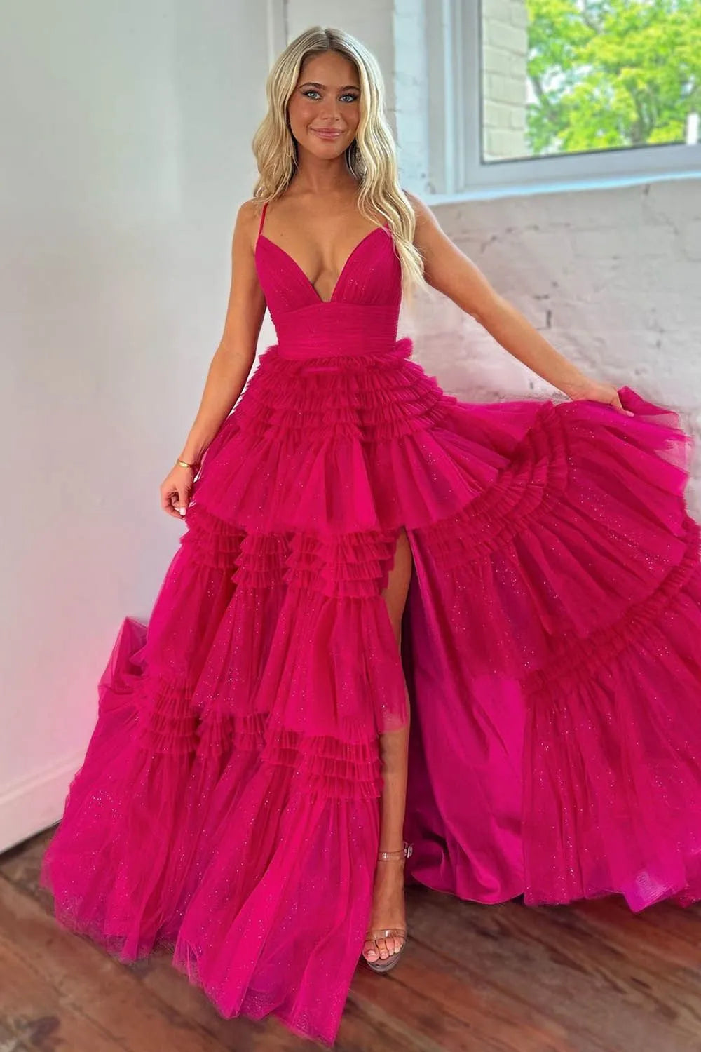 Wholesale Sweet A-Line Spaghetti Straps Long Tiered Tulle Prom Dress With Split long prom dresses with sleeves