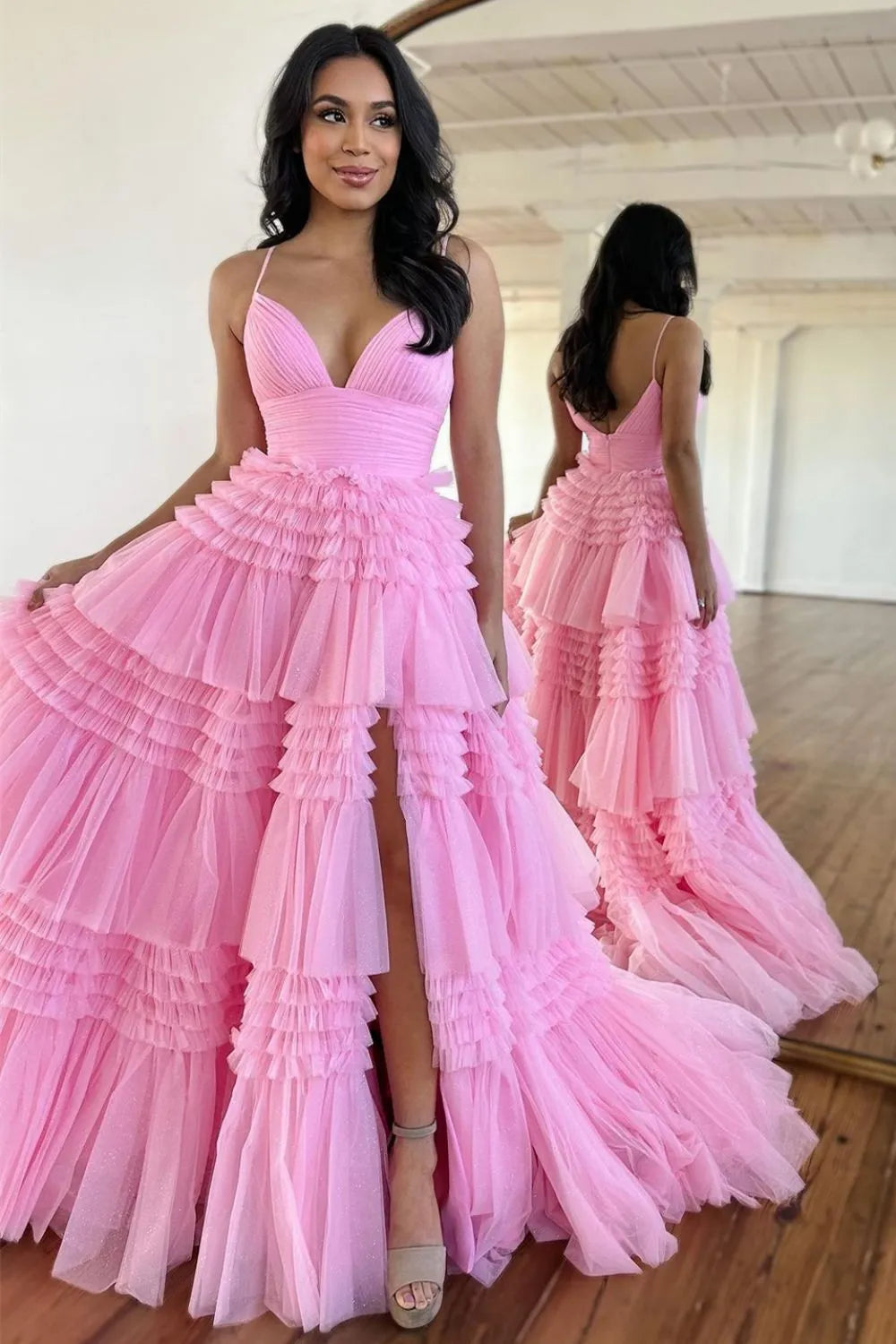 Wholesale Sweet A-Line Spaghetti Straps Long Tiered Tulle Prom Dress With Split long prom dresses with sleeves