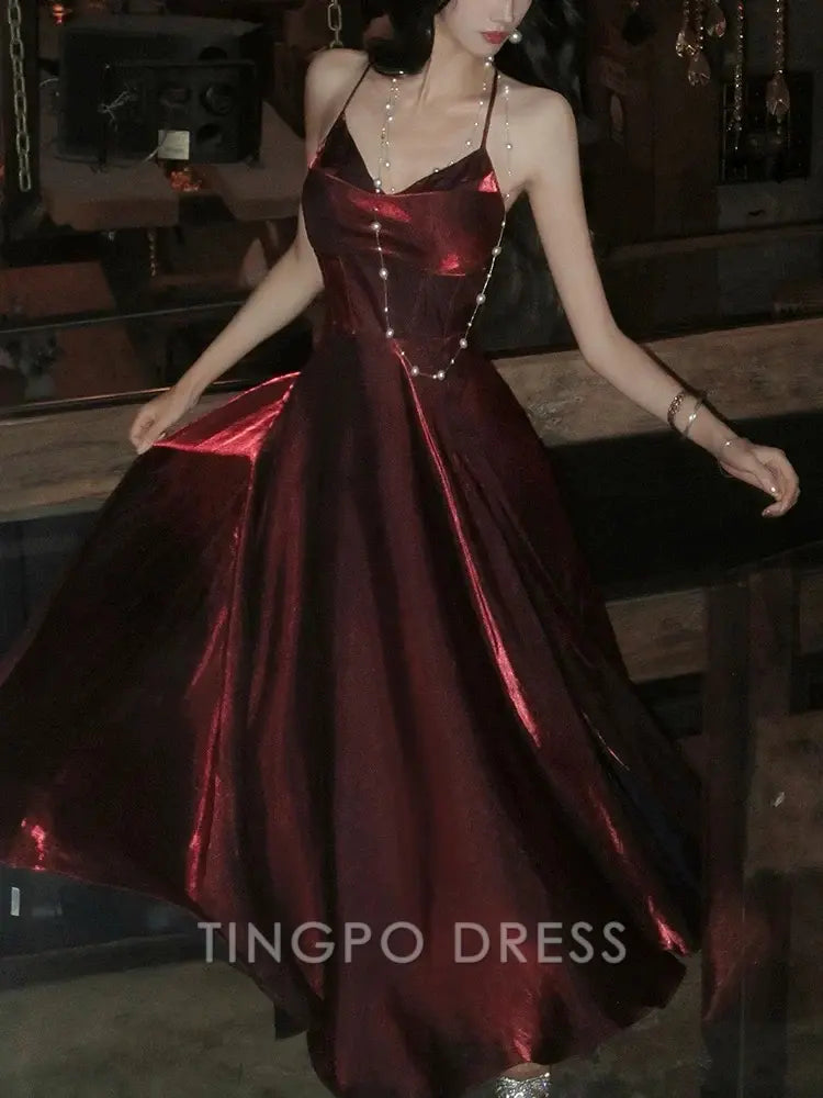 TingPo Wholesale Pretty A Line Spaghetti Straps Burgundy Satin Prom Dresses Evening Gowns Birthday Dress