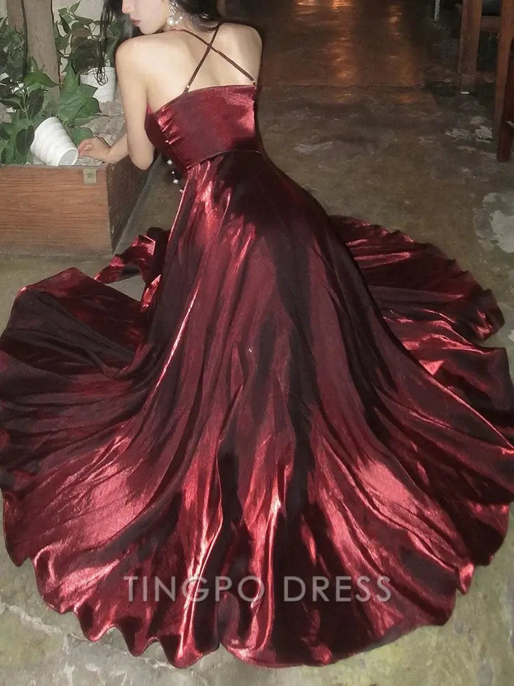 TingPo Wholesale Pretty A Line Spaghetti Straps Burgundy Satin Prom Dresses Evening Gowns Birthday Dress