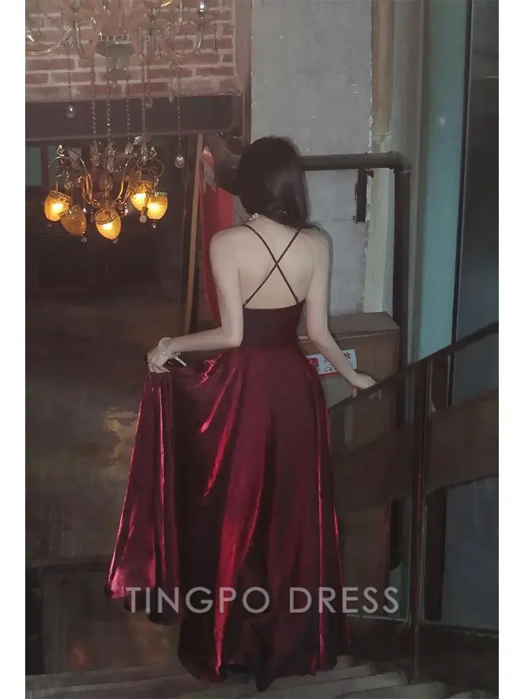TingPo Wholesale Pretty A Line Spaghetti Straps Burgundy Satin Prom Dresses Evening Gowns Birthday Dress