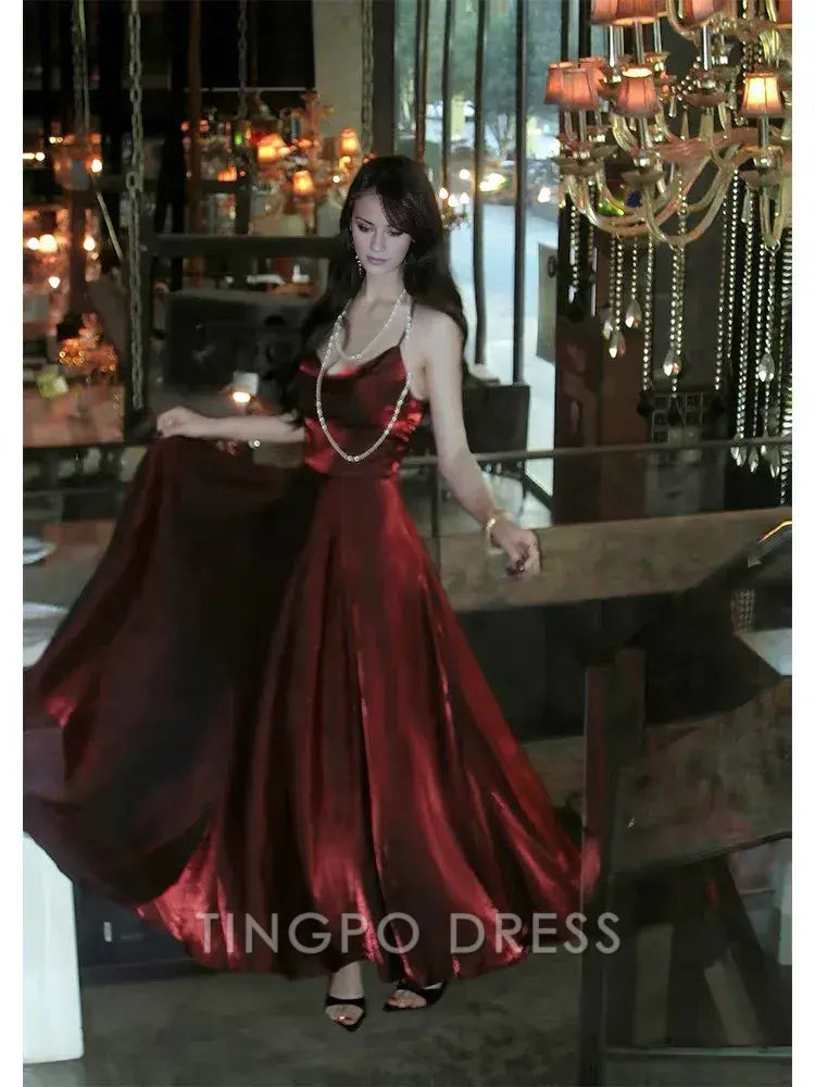 TingPo Wholesale Pretty A Line Spaghetti Straps Burgundy Satin Prom Dresses Evening Gowns Birthday Dress