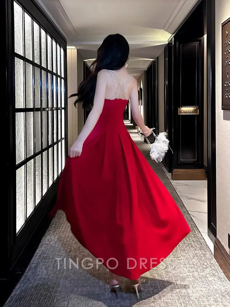 TingPo Wholesale Pretty A Line Spaghetti Straps Red Knee Length Prom Dresses Evening Gowns Birthday Dress