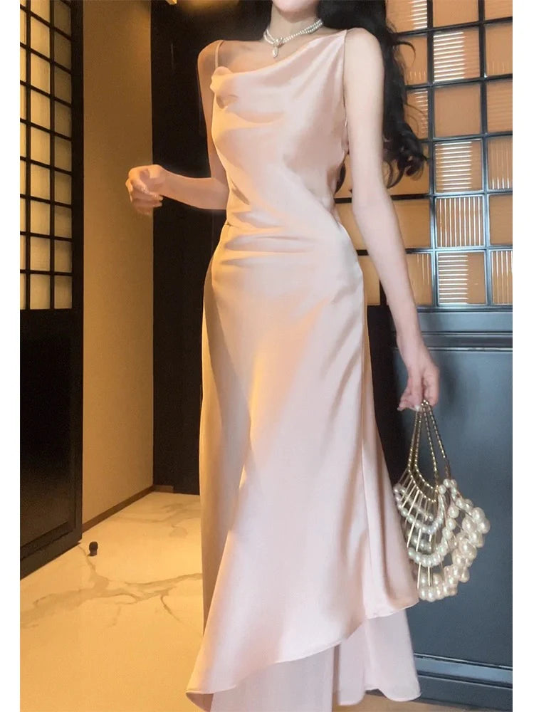 TingPo Wholesale Pretty A Line Spaghetti Straps Silk Satin Pink Prom Dresses Sexy Evening Dress