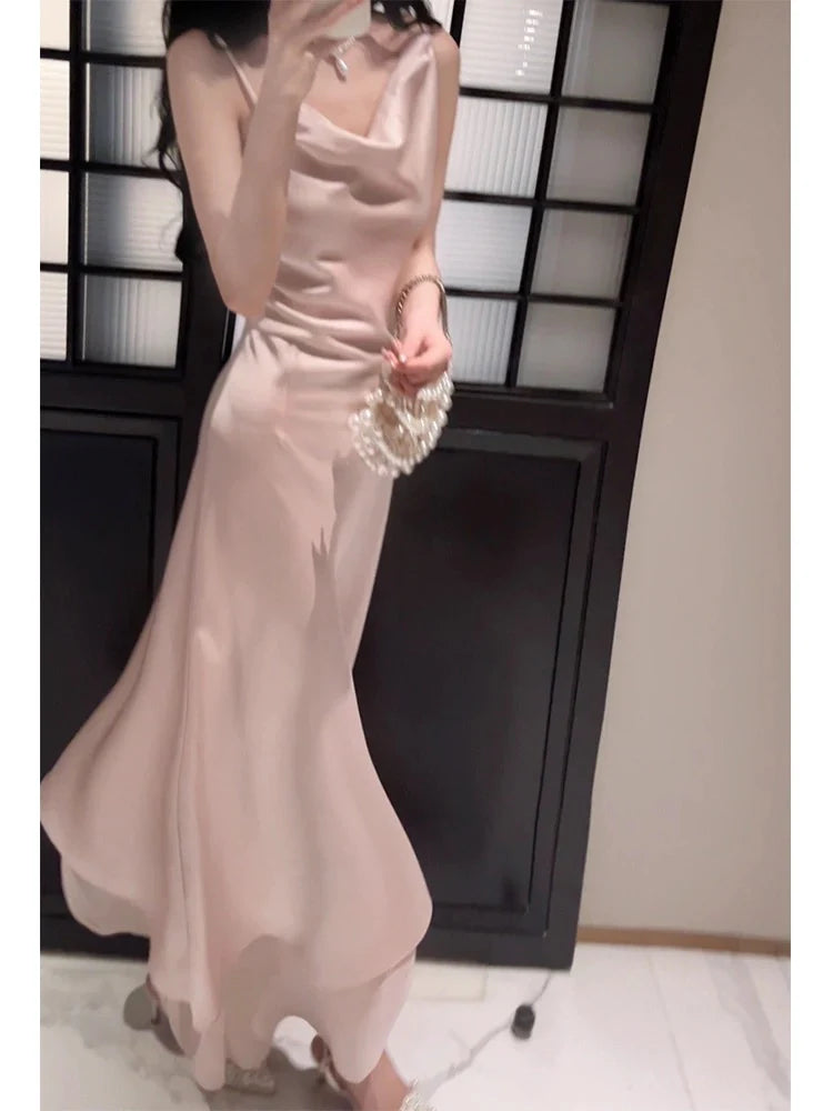TingPo Wholesale Pretty A Line Spaghetti Straps Silk Satin Pink Prom Dresses Sexy Evening Dress